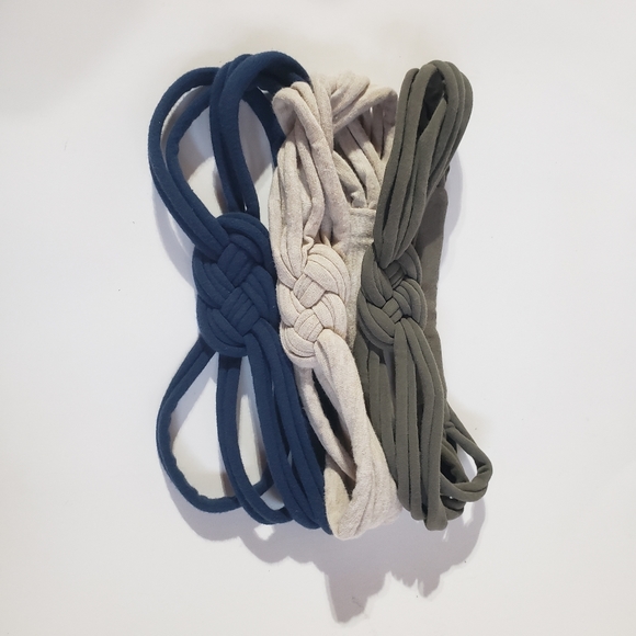 Set of 3 Women's Knot Headbands in Khaki Green Oatmeal Blue Upcycled Stretchy - Picture 3 of 10